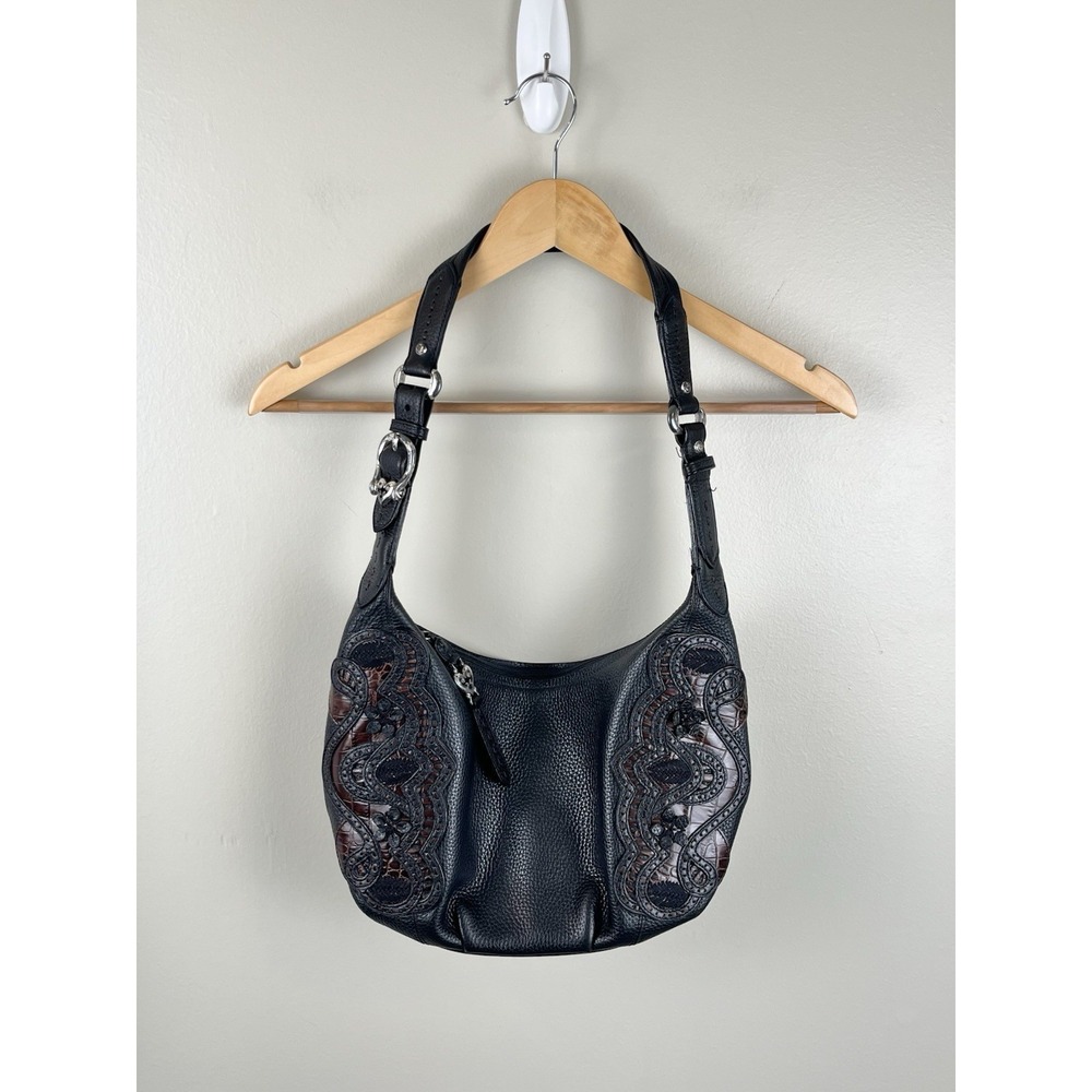 BRIGHTON Masterpiece Niki Hobo Leather Lace Shoulder Handbag Black Y2K